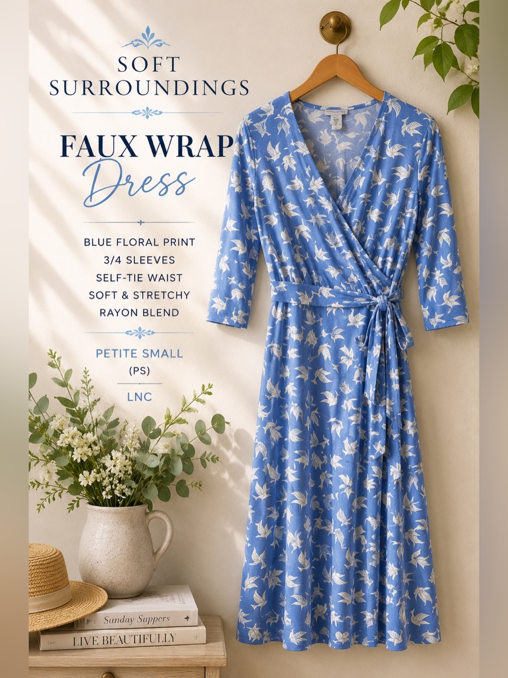 Soft Surroundings Blue Floral Faux Wrap Dress Petite Small